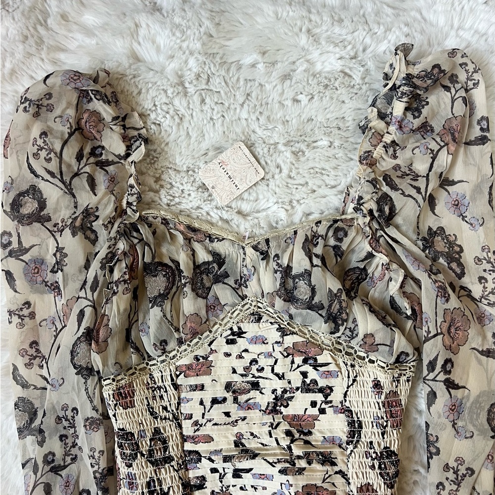Free People Floral Sheer Puff Sleeve Top